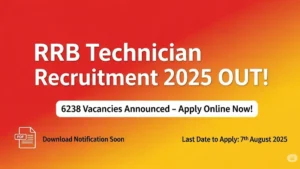 RRB Technician Recruitment 2025 banner with 6238 vacancies, Apply Online Now text, PDF icon, and last date to apply mentioned as 7th August 2025.